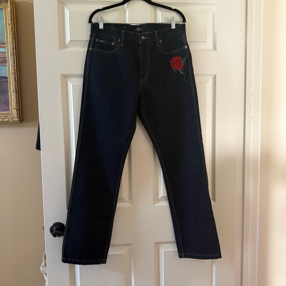 Polo by Ralph Lauren Women's Dark Blue Jeans with Rose Embroidery